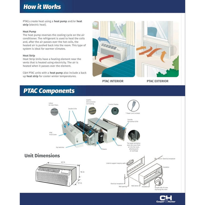 Cooper & Hunter 12,000 BTU PTAC Packaged Terminal Air Conditioner With Heat Pump - PTHP Heating And Cooling With Electric Cord and Remote Control - CH-PTW-12HPGF