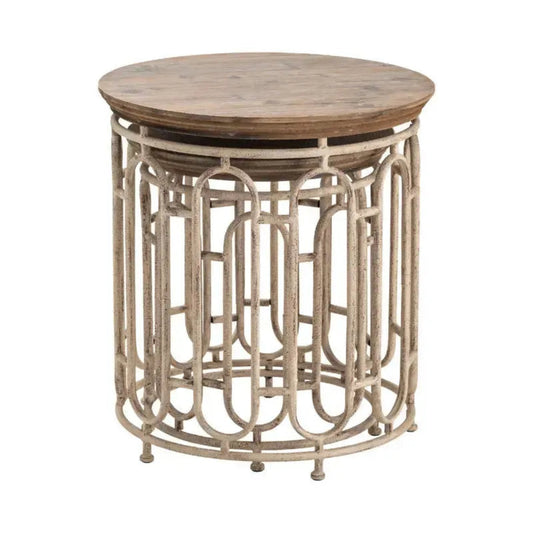Crestview Collection Allyson 20” x 20” x 22” & 16” x 16” x 19” Rustic Textured Metal And Wood Set of Tables In Natural Wood and Distressed White Finish - CVFZR2275