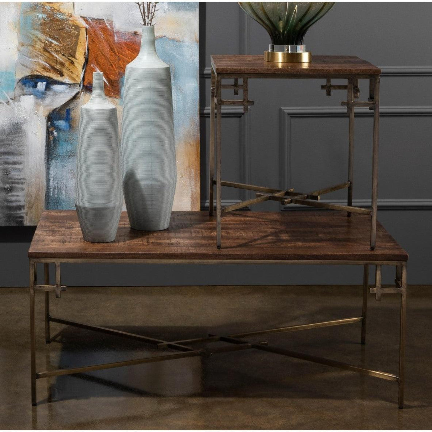 Crestview Collection Bengal Manor 20" x 20" x 22" Occasional Mango Wood And Iron Square End Table With Iron Corner In Aged Gold Finish In Natural Finish - CVFNR687