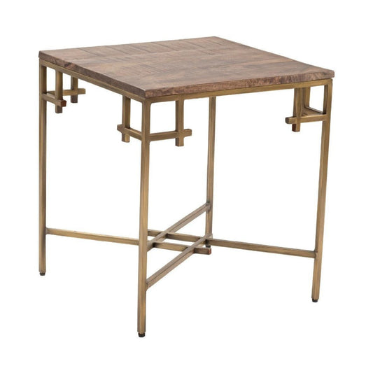 Crestview Collection Bengal Manor 20" x 20" x 22" Occasional Mango Wood And Iron Square End Table With Iron Corner In Aged Gold Finish In Natural Finish - CVFNR687