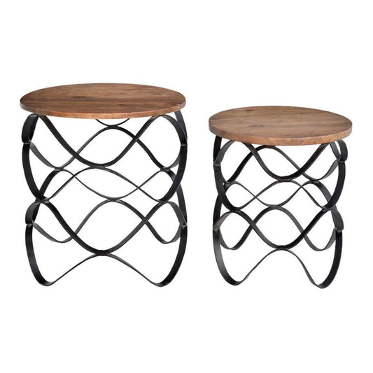 Crestview Collection Bengal Manor 22" x 22" x 24" Rustic Wavy Iron And Wood Set of Tables In Natural Wood and Black Finish - CVFNR403