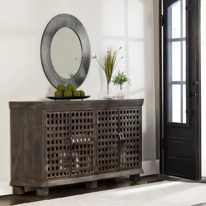 Crestview Collection Bengal Manor 38" x 72" x 18" 4-Door Rustic Brown Metal Lattice Work And Mango Wood Sideboard - CVFNR317