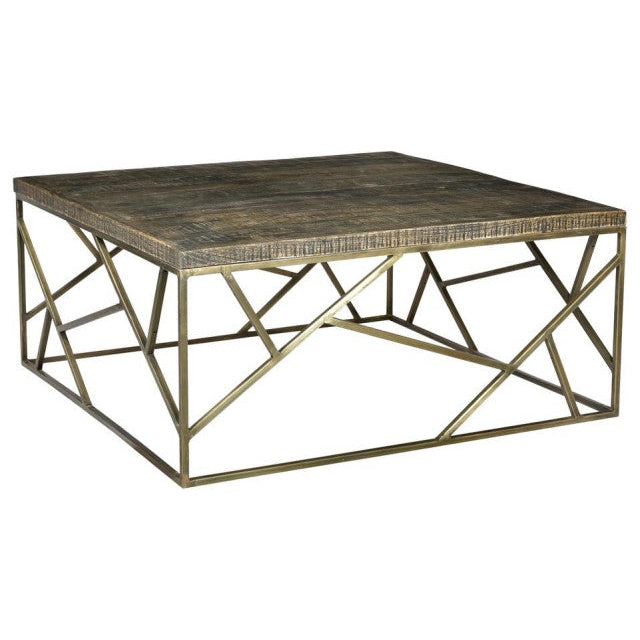 Crestview Collection Bengal Manor 40" x 40" x 18" Occasional Mango Wood Cocktail Table with Square Crazy Cut Iron In Aged Gold Finish - CVFNR682