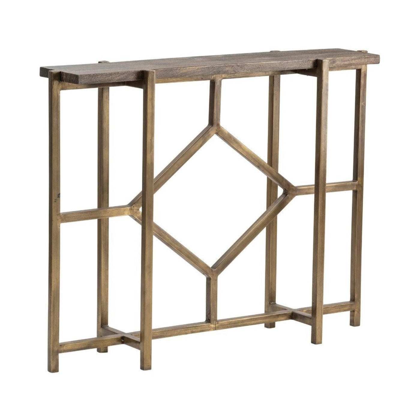 Crestview Collection Bengal Manor 42" x 10" x 32" Rustic Mango Wood And Iron Diamond Console In Antique Gold Finish - CVFNR672