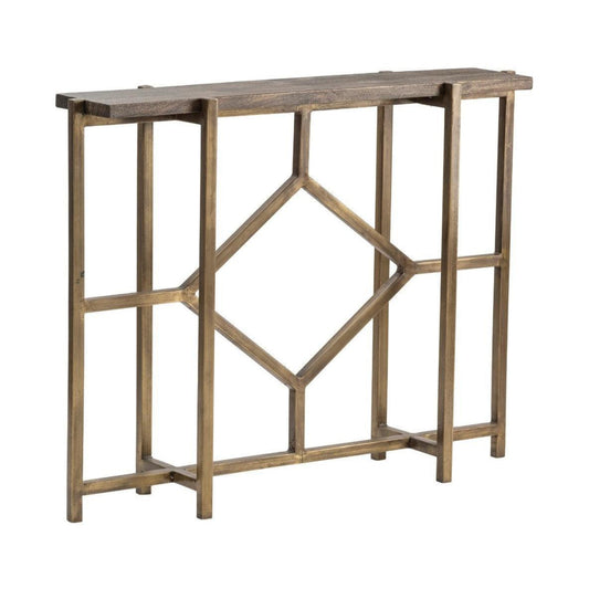 Crestview Collection Bengal Manor 42" x 10" x 32" Rustic Mango Wood And Iron Diamond Console In Antique Gold Finish - CVFNR672