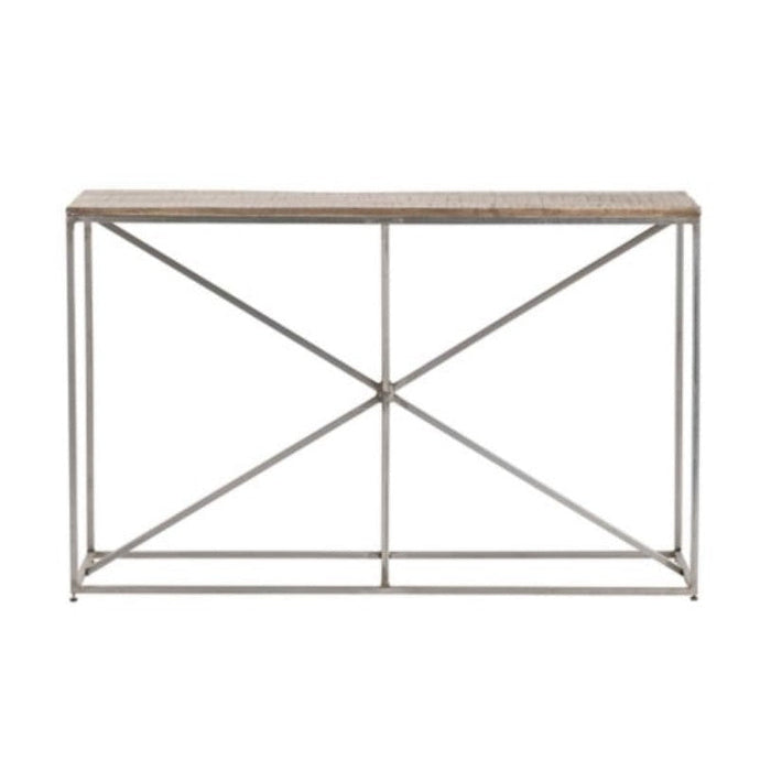 Crestview Collection Bengal Manor 50" x 15" x 31" Occasional Rough Mango Wood And Iron Asterisk Rectangle Console Table In Natural Wood and Nickel Finish - CVFNR676