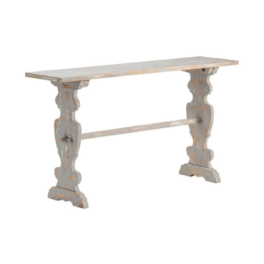 Crestview Collection Bengal Manor 55" x 14" x 30" Rustic Mango Wood Carved Leg Console Table In Heavily Distressed Gray Finish - CVFNR652