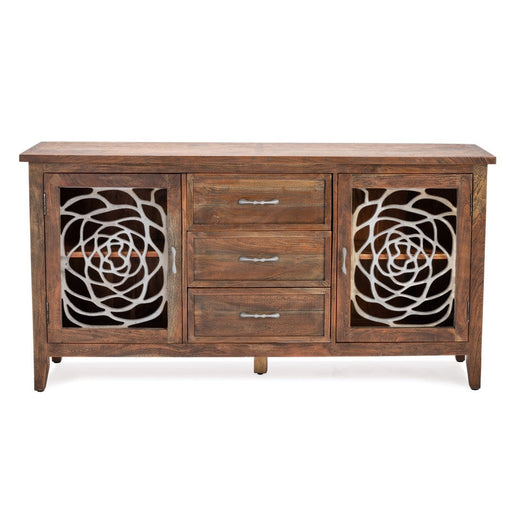 Crestview Collection Bengal Manor 66" x 17" x 34" 2-Door 3-Drawer Rustic Brown Acacia Wood And Aluminum Sideboard - CVFNR627