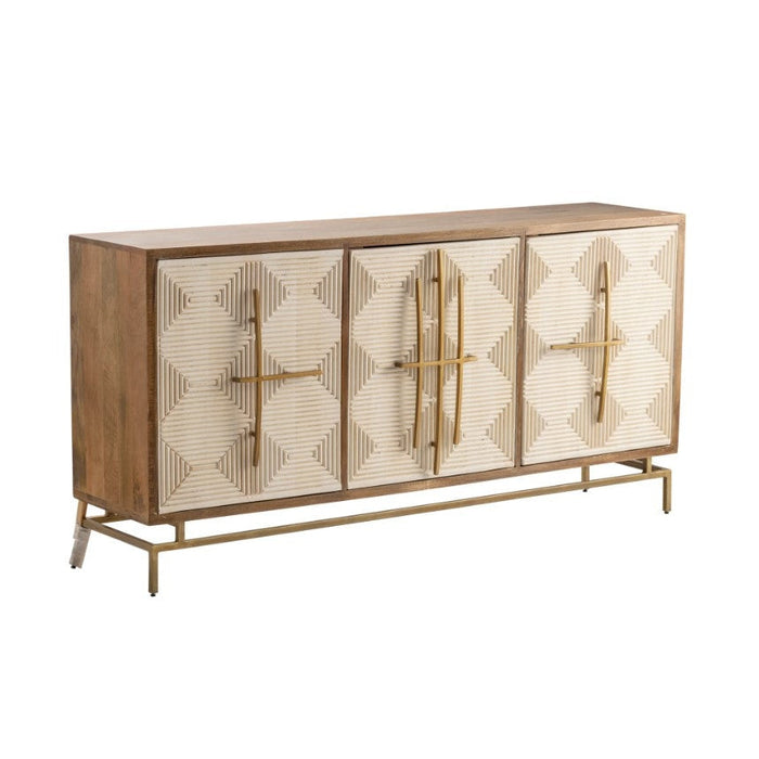 Crestview Collection Bengal Manor 69" x 16" x 34" 3-White-Pattern-Door Transitional Brown Mango Wood Sideboard With Unique Antique Gold Hardware - CVFNR722