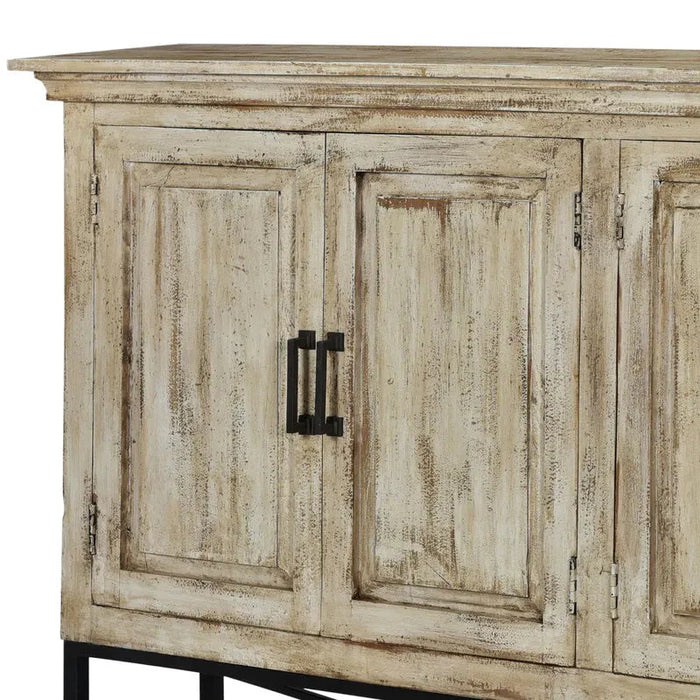 Crestview Collection Bengal Manor 72" x 13" x 37" 4-Door Rustic Mango Wood Sideboard In Heavily Distressed Antique White Finish - CVFNR704