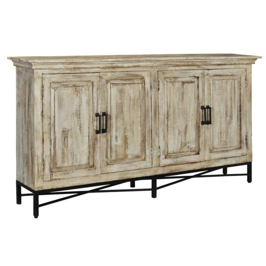 Crestview Collection Bengal Manor 72" x 13" x 37" 4-Door Rustic Mango Wood Sideboard In Heavily Distressed Antique White Finish - CVFNR704
