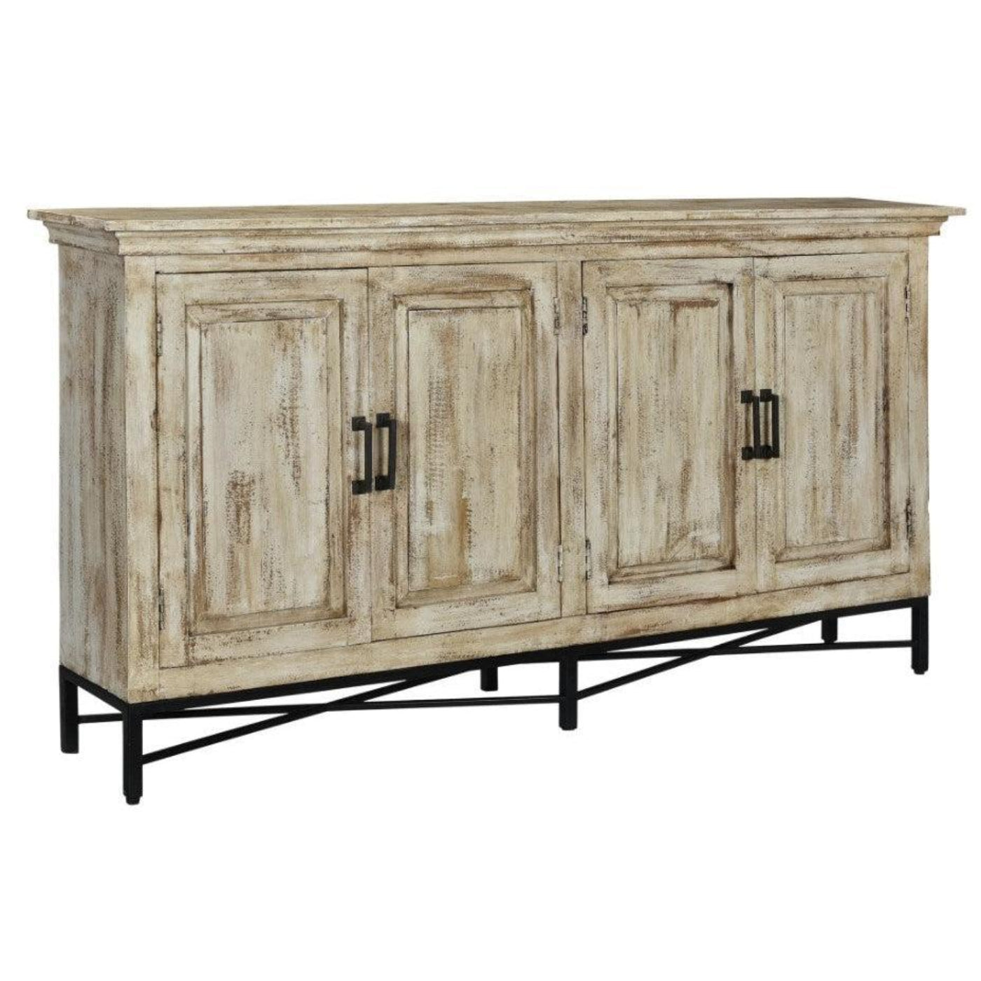 Crestview Collection Bengal Manor 72" x 13" x 37" 4-Door Rustic Mango Wood Sideboard In Heavily Distressed Antique White Finish - CVFNR704