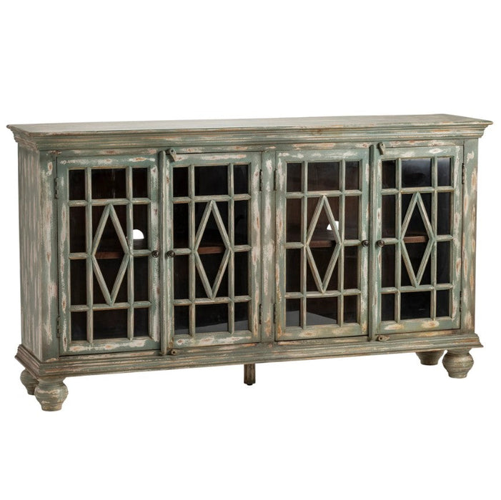 Crestview Collection Bengal Manor 74" x 18" x 42" 4-Glass-Door Rustic Distressed Gray Mango Wood Sideboard - CVFNR417