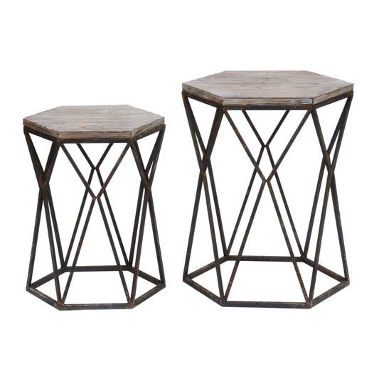 Crestview Collection Buena Vista 22” x 20” x 27” & 18” x 16” x 23” Rustic Metal And Mood Set of Tables In Natural Wood and Black Finish - CVFZR2254