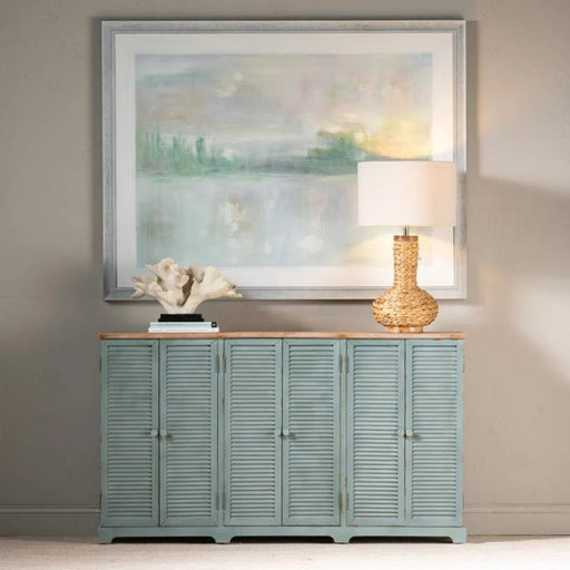 Crestview Collection Clearwater 63" x 12" x 36" 6-Louvered-Door Coastal Blueish Gray Wood Sea Wash Sideboard With Wood Top - CVFZR4560