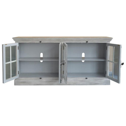 Crestview Collection Harrison 72" x 17" x 36" 4-Door Traditional Glass And Wood Media Console In Light Gray Wash Finish