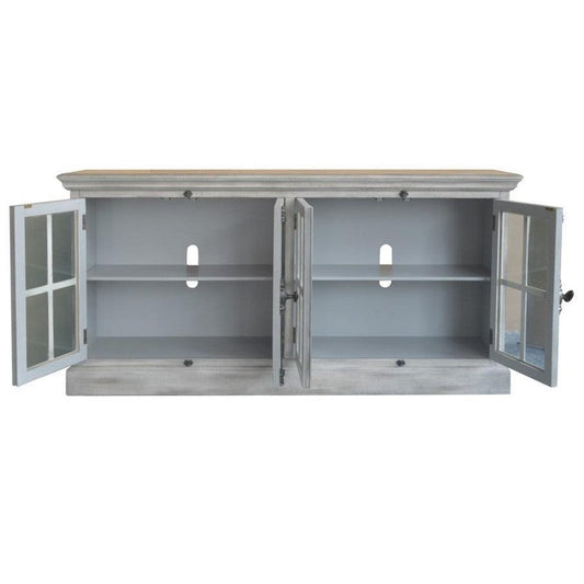 Crestview Collection Harrison 72" x 17" x 36" 4-Door Traditional Glass And Wood Media Console In Light Gray Wash Finish