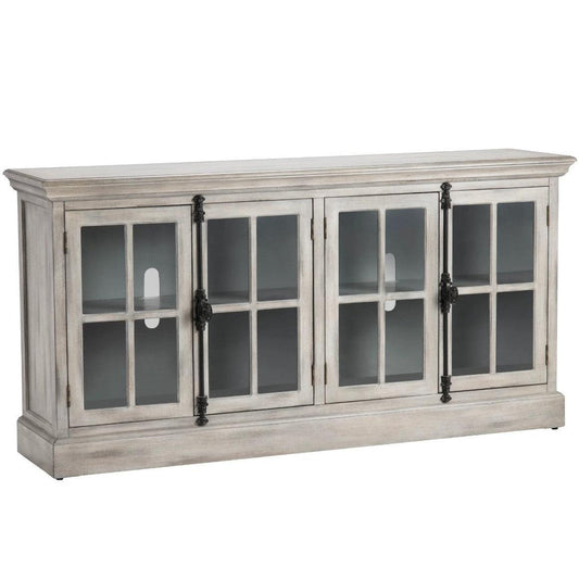 Crestview Collection Harrison 72" x 17" x 36" 4-Door Traditional Glass And Wood Media Console In Light Gray Wash Finish