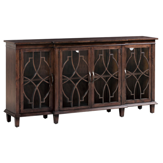 Crestview Collection Hawthorne Estate 70" x 15" x 35" 4-Door Traditional Wood Breakfront Si  - CVFVR8002deboard With Open Fretwork In Heritage Finish