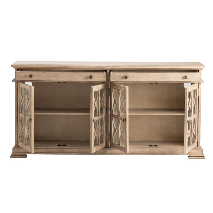 Crestview Collection Hawthorne Estate 76" x 17" x 37" 2-Drawer 4-Door Traditional Wood Fretwork Sideboard In Brushed Wheat Finish - CVFVR8052