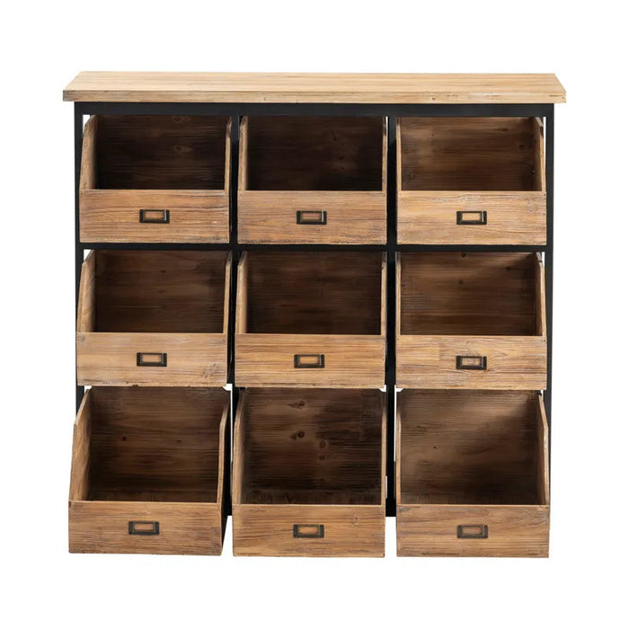 Crestview Collection Industria 41" x 16" x 39" 3-Layer 9-Cube Rustic Unfinished Metal And Wood Open Drawer Storage Chest - CVFZR5054