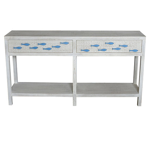 Crestview Collection Swimming Upstream 64" x 15" x 34" 2-Drawer Coastal Wood Aqua Fish Console In Antique White Finish - CVFZR3583