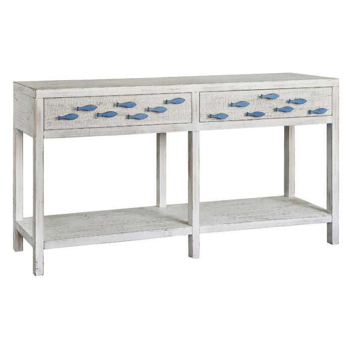 Crestview Collection Swimming Upstream 64" x 15" x 34" 2-Drawer Coastal Wood Aqua Fish Console In Antique White Finish - CVFZR3583