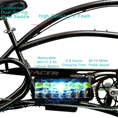 Tracer 800W Beyond Pro Stretch Classic Chopper Electric Bike - MB-EB-BEYOND Pro-BK - MB-EB-BEYOND Pro-BK