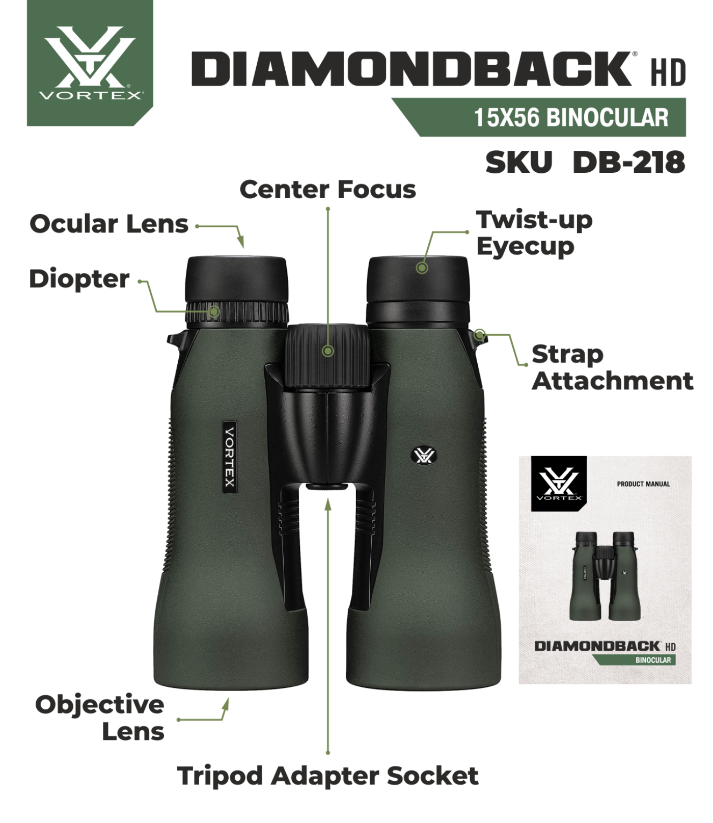 Vortex Optics DB-218 Diamondback HD 15x56 Binocular with Free Hat Bundle - DB-218_Hat-CD