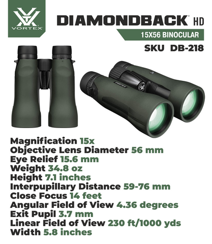Vortex Optics DB-218 Diamondback HD 15x56 Binocular with Free Hat Bundle - DB-218_Hat-CD