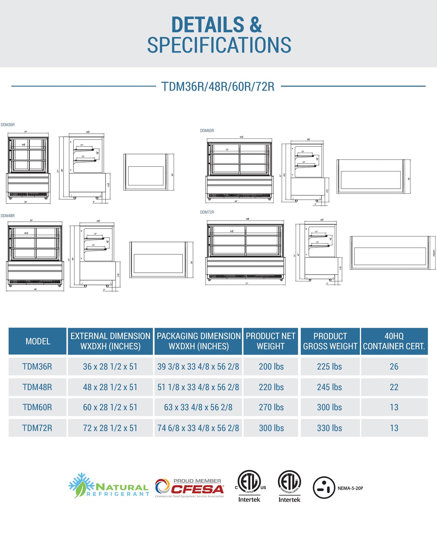 Chef AAA - , 36" Straight Glass Bakery Case - TDM36R