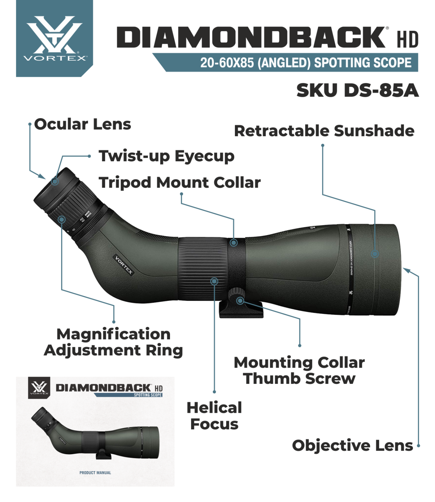 Vortex Optics Diamondback HD Spotting Scope, 20-60x85 with Gift (Tripod+Hat) - DS-85S_Hat-CD_SAB203