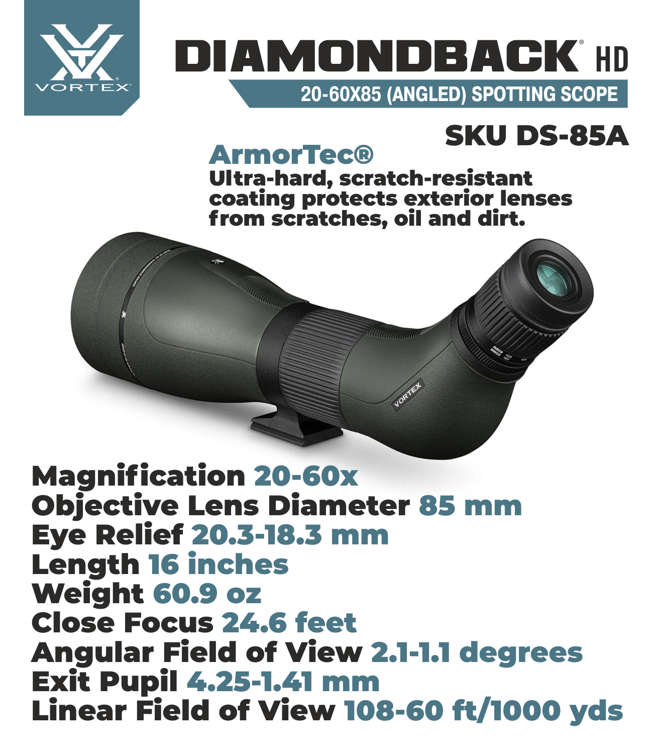 Vortex Optics Diamondback HD Spotting Scope, 20-60x85 with Gift (Tripod+Hat) - DS-85S_Hat-CD_SAB203