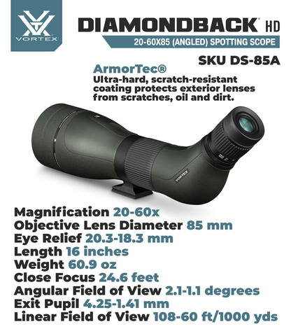 Vortex Optics Diamondback HD Spotting Scope, 20-60x85 with Gift (Tripod+Hat) - DS-85S_Hat-CD_SAB203