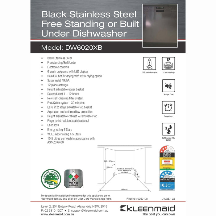 Kleenmaid DW6020XB 60cm Black Stainless Steel Free Standing or Build-Under Dishwasher