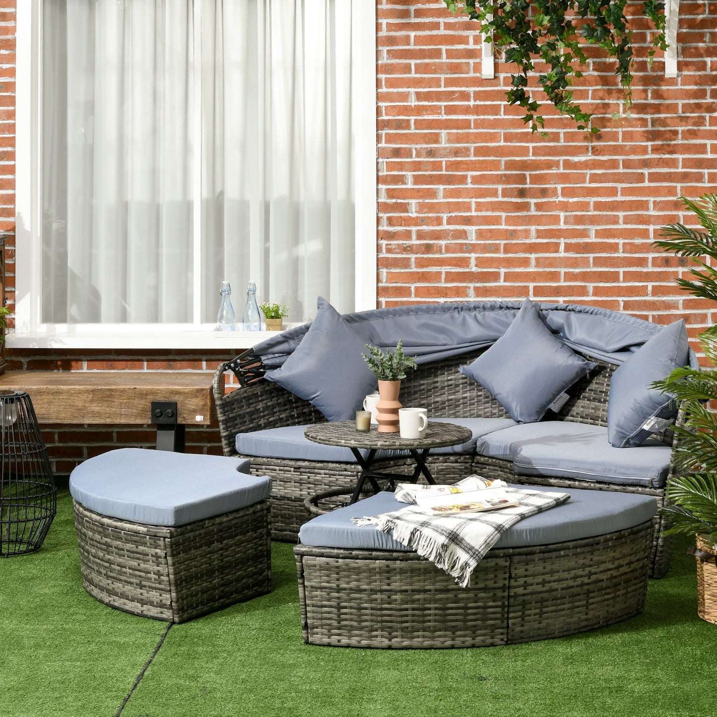 Outsunny Round Outdoor Daybed with Canopy, 4-Piece Sectional Outdoor Sofa, 3 Chairs, Tea Table, Light Gray - 862-047V00GG