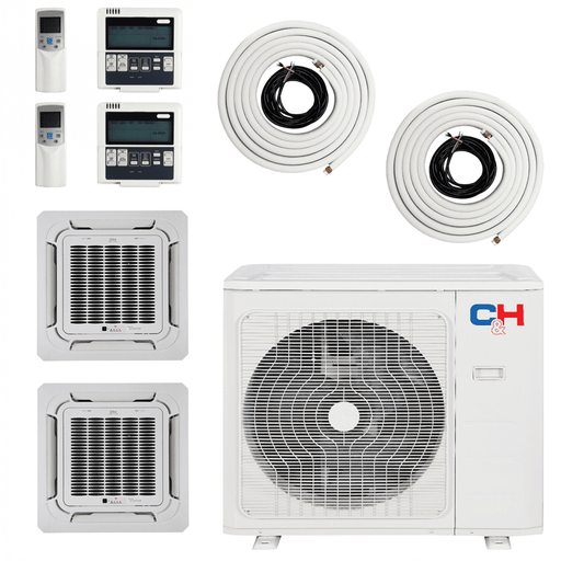 Cooper & Hunter 18,000 BTU 2 Zone 9k+9k Ceiling Cassette with Installation Kits, 22.9 SEER2 1.5 TON Dual Zone Ductless Multi Mini Split Air Conditioners - CH-18MES-230VO & CH-09MSPHCT-230VI