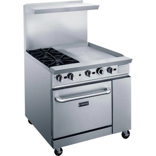 Dukers DCR36-2B24GM 36" Gas Restaurant Range with (2) Open Burners 24" Griddle (1) Standard Oven 157,000 BTU - DCR36-2B24GM