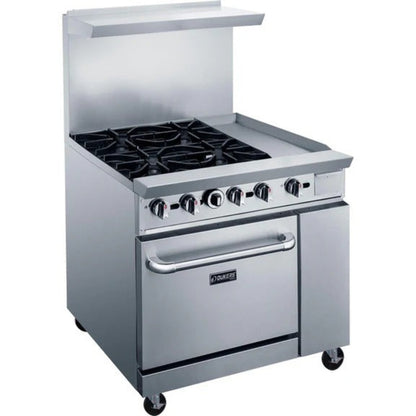Dukers DCR36-4B12GM 36" Gas Restaurant Range with (4) Open Burners 12" Griddle (1) Standard Oven 195,000 BTU - DCR36-4B12GM