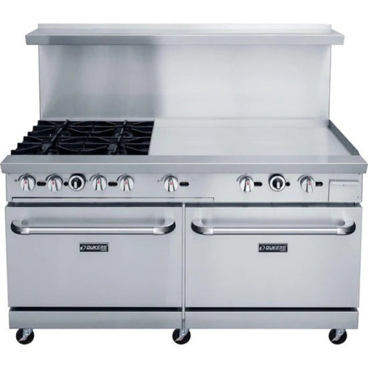 Dukers DCR60-4B36GM 60" Gas Restaurant Range with (4) Burners 36" Griddle (2) Standard Ovens 286,000 BTU - DCR60-4B36GM