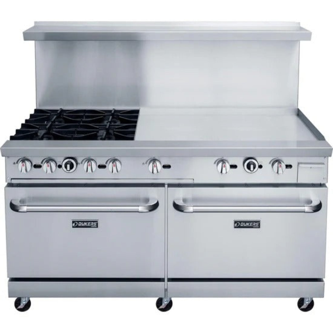 Dukers DCR60-6B24GM 60" Gas Restaurant Range with (6) Open Burners 24" Griddle (2) Standard Ovens 324,000 BTU - DCR60-6B24GM
