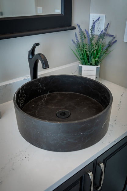 Eden Bath Thin Lip Round Nero Marquino Marble Column Vessel Sink - EB_S053NM-H
