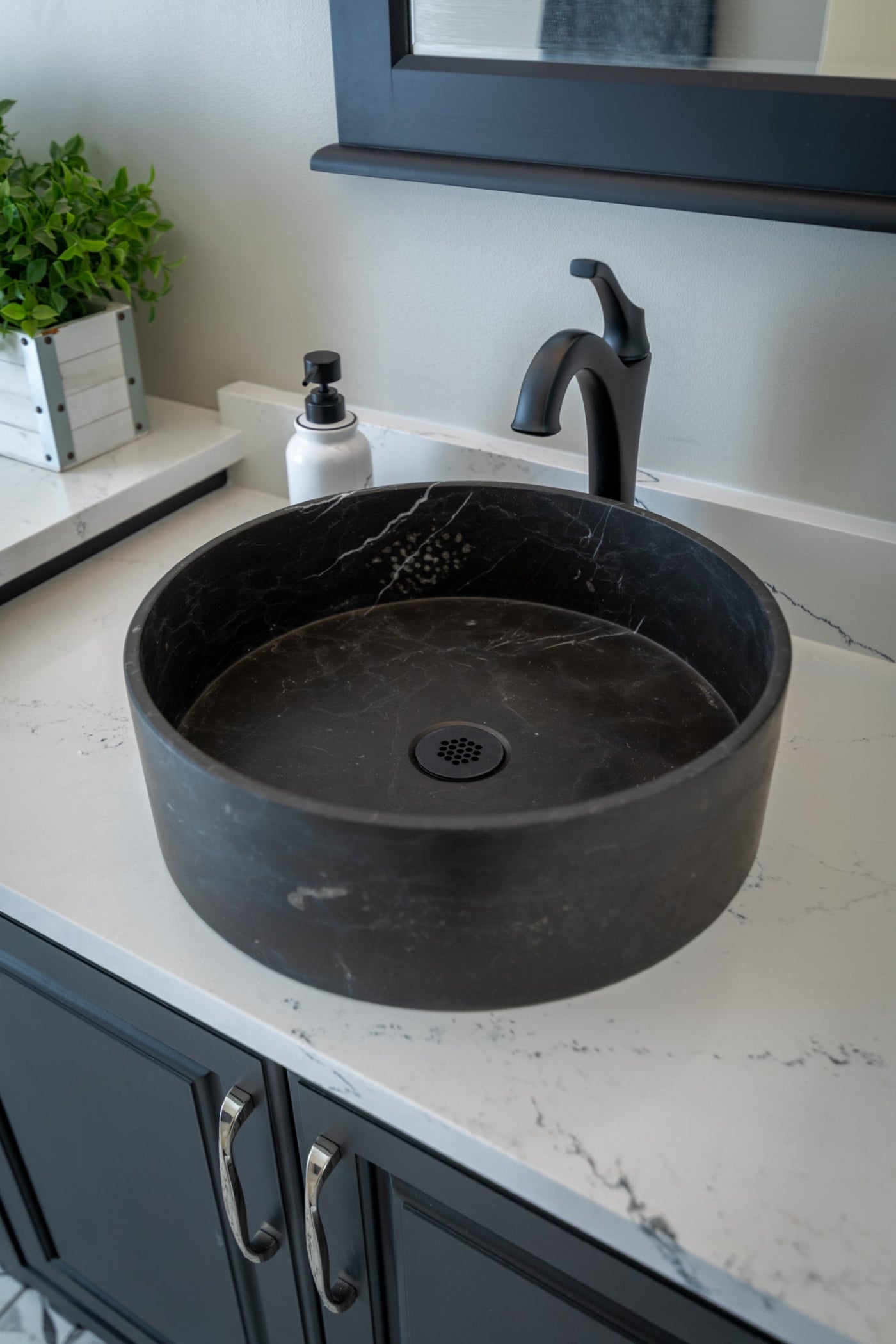 Eden Bath Thin Lip Round Nero Marquino Marble Column Vessel Sink - EB_S053NM-H