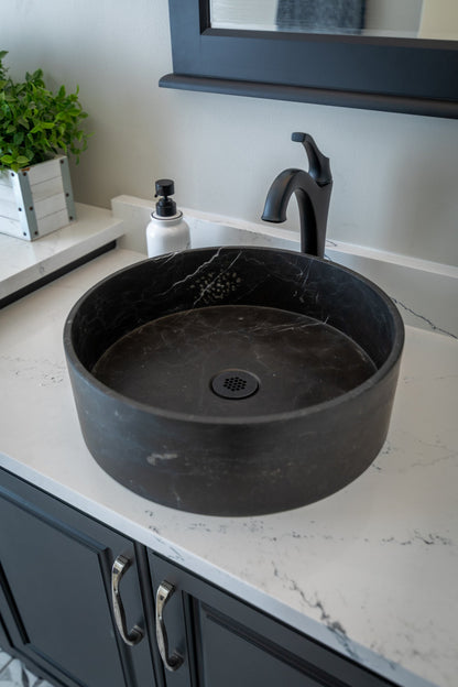 Eden Bath Thin Lip Round Nero Marquino Marble Column Vessel Sink - EB_S053NM-H