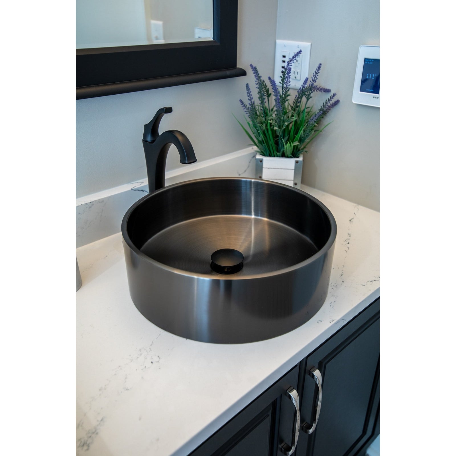 Eden Bath 15 3/4" Round Thick Rim Stainless Steel Bathroom Vessel Sink with Drain in Black - EB_SS003BK