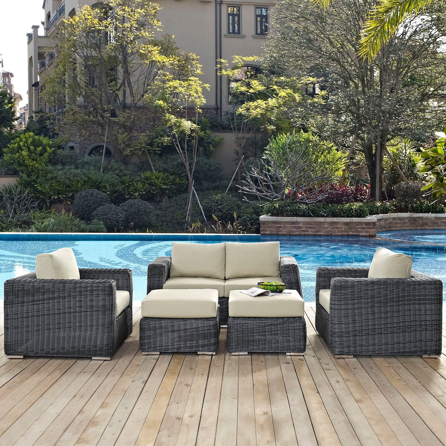 Modway Furniture Summon 5 Piece Outdoor Patio Sunbrella Sectional Set by Modway - EEI-1893-GRY-BEI-SET