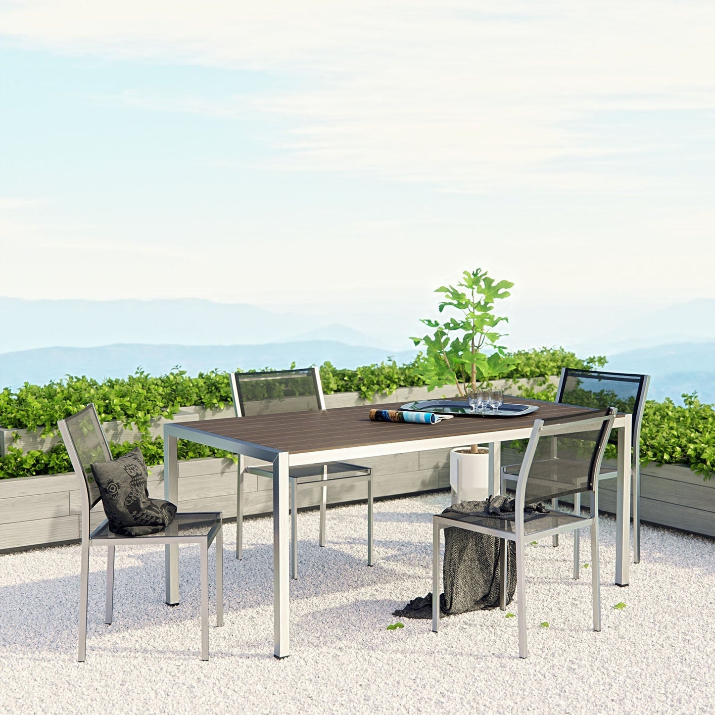 Modway Furniture Shore 5 Piece Outdoor Patio Aluminum Dining Set – EEI-2482-SLV-BLK-SET
