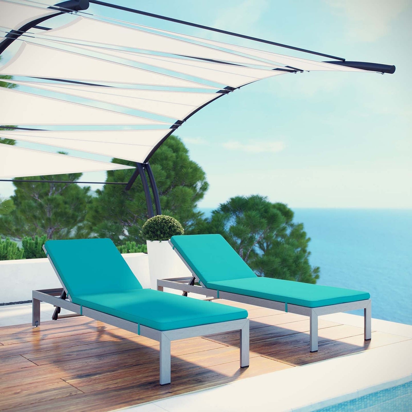 Modway Furniture  Shore Chaise with Cushions Outdoor Patio Aluminum Set of 2 - EEI-2737-SLV-TRQ-SET