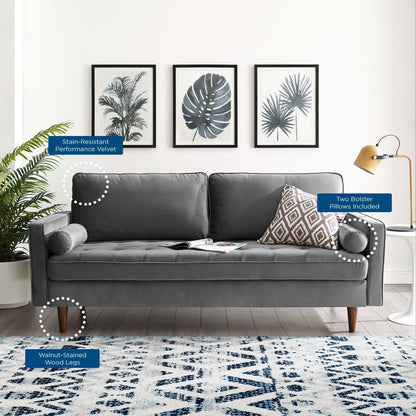 Modway Furniture Valour Modern Velvet Sofa - Stylish Mid-Century Design with Stain-Resistant Fabric & Pocket Coils