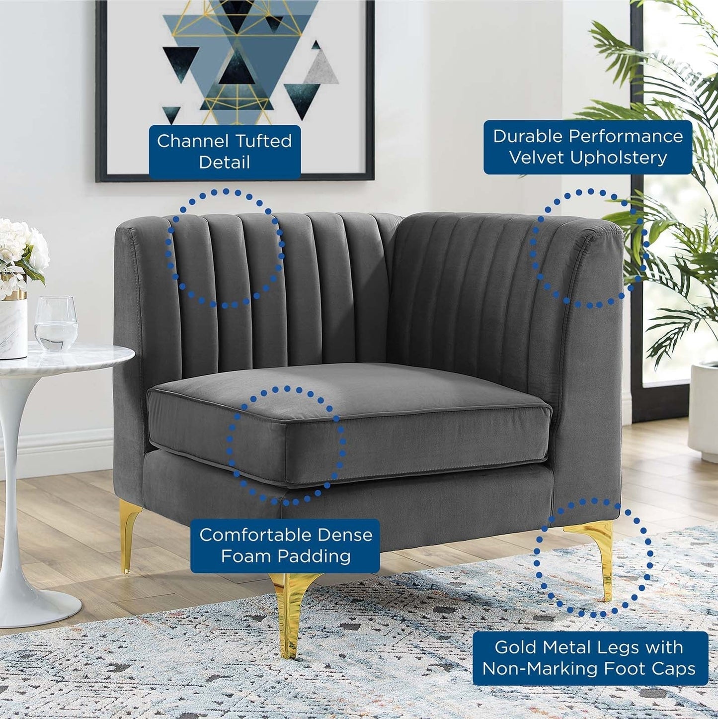 Modway Furniture Triumph Channel Tufted Velvet Corner Chair – Luxe Retro Modern Design for Stylish Living Spaces
